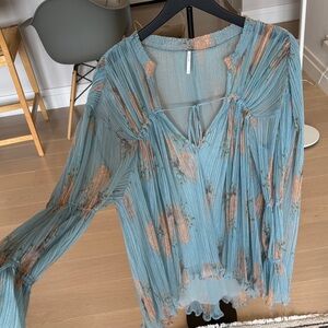 Free People Floral Sheer Blouse - Blue and Orange